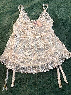 Victoria’s Secret Bridal Garter Slip Sheer Lace Teddy White M New